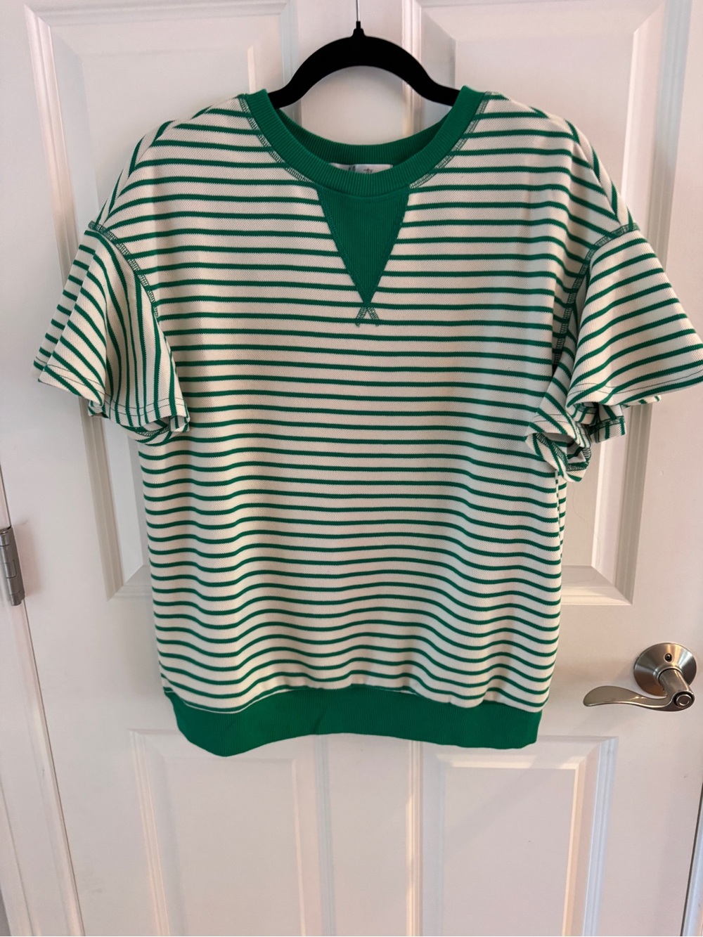 Green & White Striped Short Sleeve Tee with Ruffle Sleeves